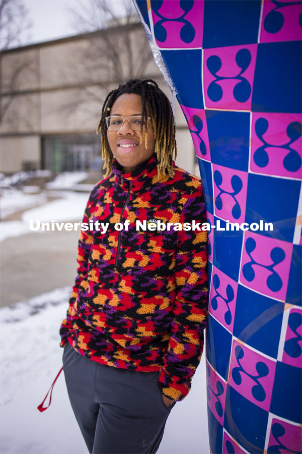 Nebraska's Da'Von George, a graphic design major in the Hixson-Lied College of Fine and Performing Arts, is walking a path toward becoming a role model for others. February 10, 2021. Photo by Craig Chandler / University Communication.