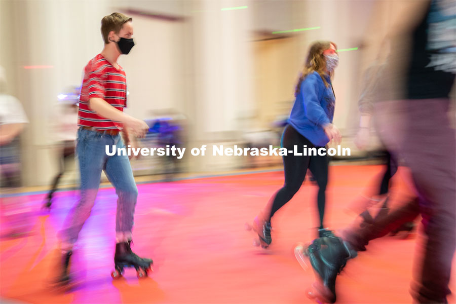 Students skate during the Club 80 Roller Skating Event in the Nebraska Union Ballroom on Friday, February 19, 2021, in Lincoln, Nebraska. Photo by Jordan Opp for University Communication.