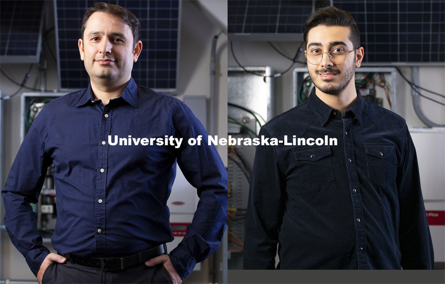 A team of researchers from three University of Nebraska institutions is among the finalists in a global competition to develop an artificial intelligence-driven model to advise policymakers on how it is best to handle the COVID-19 pandemic.  Two graduate students are working with Fadi Alsaleem, assistant professor of architectural engineering at the University of Nebraska-Lincoln. From left is Mostafa Rafaiejokandan and Mohammad Ali Takallou.  Photos by Ryan Soderlin/UNO. Photos taken February 2021