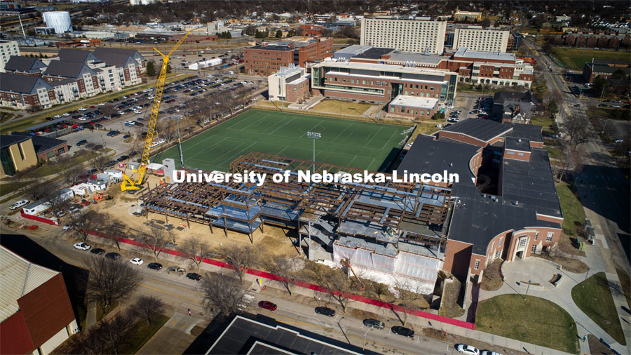 Steel work on the construction of the new CEHS structure to replace Mabel Lee Hall is almost complete. March 11, 2021. Photo by Craig Chandler / University Communication.