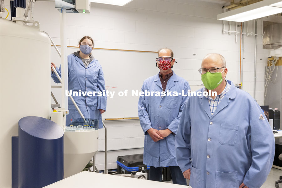 Michelle Takacs, Pat Dussault, and Dan Draney in Chemistry’s Research Instrumentation Facility in Hamilton Hall. April 6, 2021. Photo by Craig Chandler / University Communication.