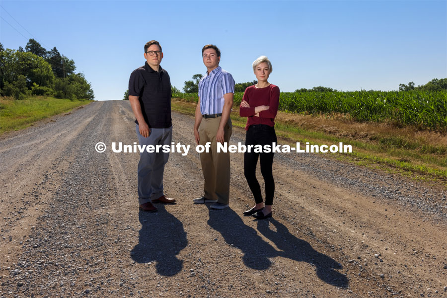 Ryan Herrschaft, Patrick Habecker and Bergen Johnston are researching rural drug addiction and drug use trends in Nebraska, and particularly looking at meth overdoses, which outnumber opioid overdoses in the state. Herrschaft, Habecker, and Bergen are part of the Rural Drug Addiction Research Center. June 23, 2021. Photo by Craig Chandler / University Communication.