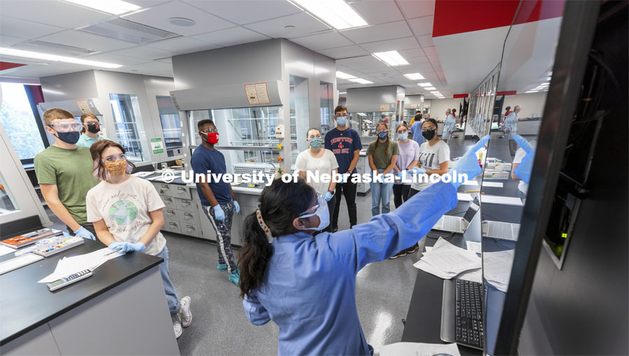 Students listen to instructions during their first day in the newly renovated organic chemistry labs in Hamilton Hall. First day of classes for fall semester. August 23, 2021. Photo by Craig Chandler / University Communication.