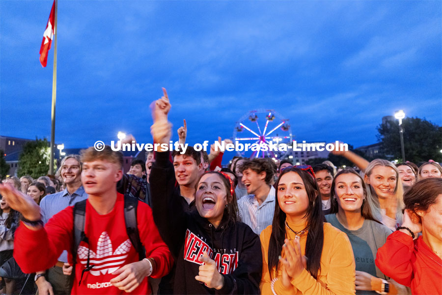 The crowd cheers as the Jester winners are announced at the Jester Competition. Homecoming Parade and Cornstalk Festival. October 1, 2021. Photo by Craig Chandler / University Communication.