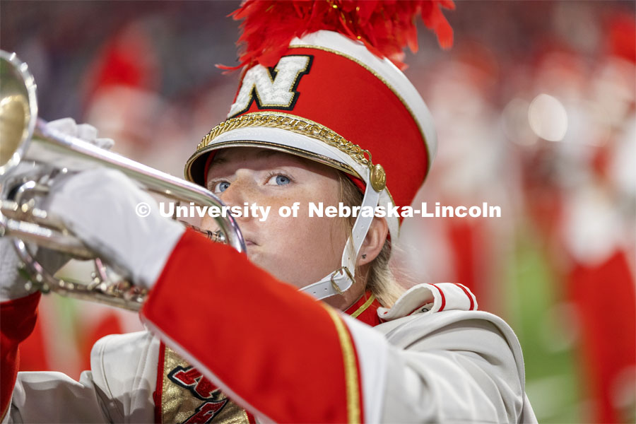 Drum major directing the Cornhusker Marching Band. Nebraska vs Northwestern University homecoming game. October 2, 2021. Photo by Craig Chandler / University Communication.