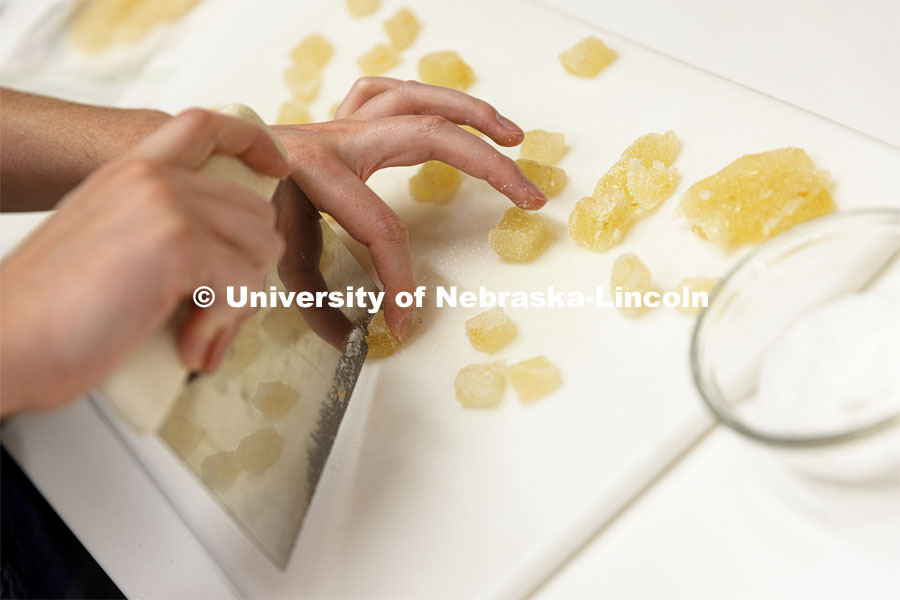 April Johnson cuts up gummies in the product development lab at Nebraska’s Food Innovation Center. She is one of a number of Huskers learning real-world career skills in the in the product development lab at the Food Innovation Center. One of the lab's clients is a company testing a pectin replacement for gummies. October 13, 2021. Photo by Craig Chandler / University Communication.