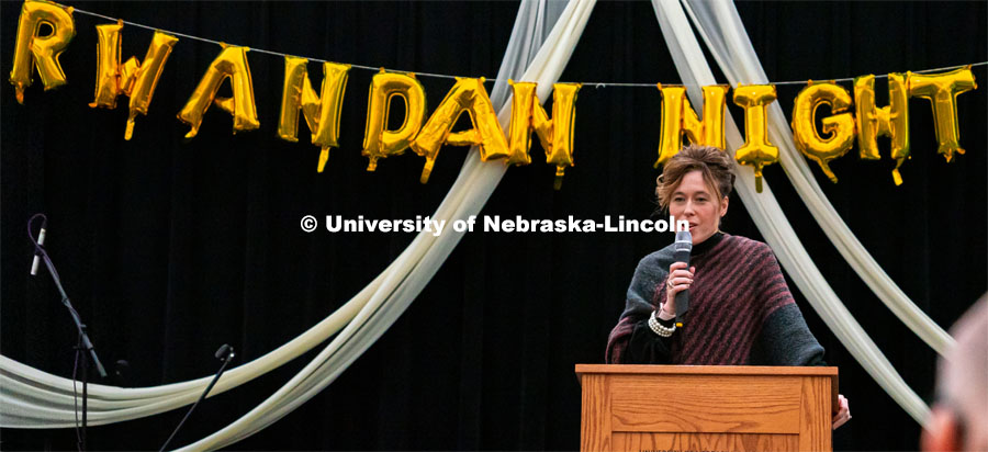 Tiffany Heng-Moss, Dean of the College of Agricultural Sciences and Natural Resources, spoke at the University of Nebraska–Lincoln's Rwanda Night celebration: Land of a Thousand Hills Experience in One Night celebration in the Nebraska East Union. The annual event feature Rwandan-inspired cuisine, dancing and traditional music. February 19, 2022. Photo by Jonah Tran / University Communication.