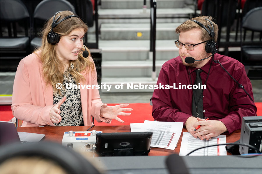 Hailey Ryerson speaks with Geoff Exstrom before the Huskers’ Women’s Basketball match against Minnesota at Pinnacle Bank Arena. February 20, 2022. Photo by Jordan Opp / University Communication.
