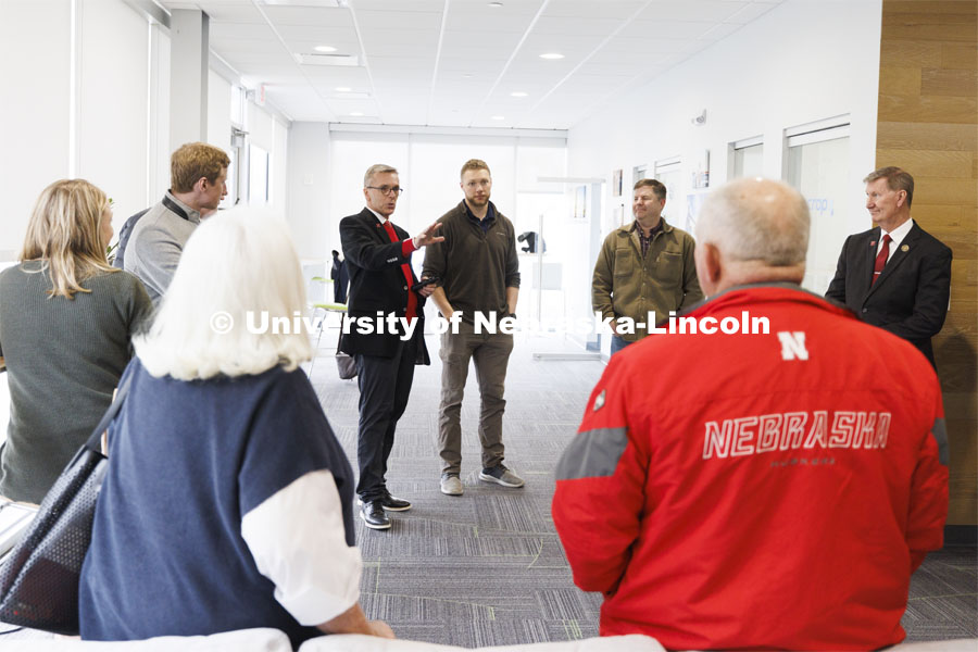 Chancellor Ronnie Green talks about The Combine, an agribusiness start-up incubator on Nebraska Innovation Campus. To his left is Jackson Stansell and Joe Luck who founded Sentinel Fertigation. NU President Ted Carter is at far right. Board of Regents tour of UNL. April 7, 2022. Photo by Craig Chandler / University Communication.