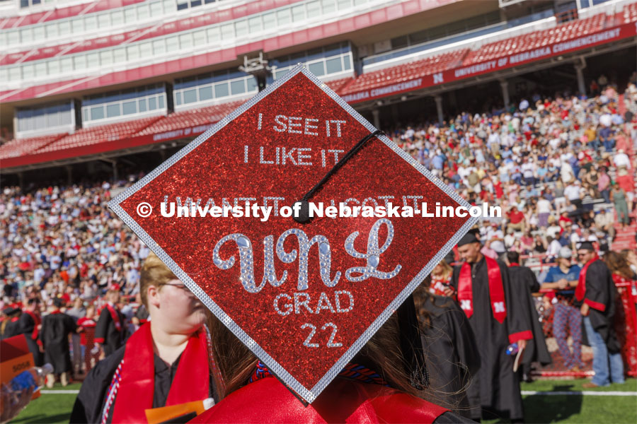 Mikayla Shultz’s decorated mortar board. UNL undergraduate commencement in Memorial Stadium. May 14, 2022. Photo by Craig Chandler / University Communication.