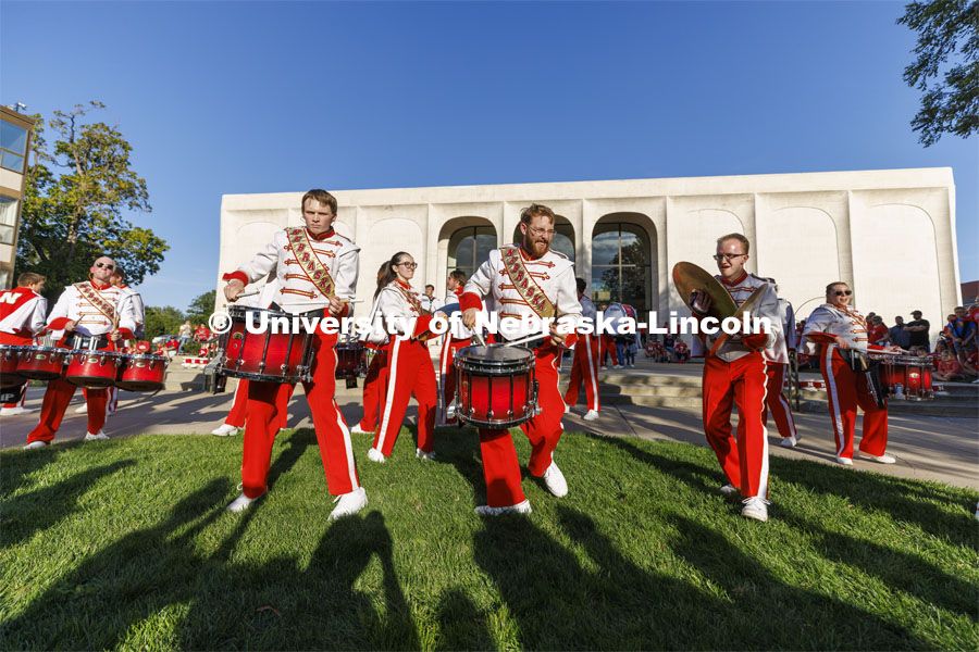 UNL Drumline gives a pregame performance outside the Sheldon Art Museum. Nebraska vs. Indiana football Homecoming game. October 1, 2022. Photo by Craig Chandler / University Communication.