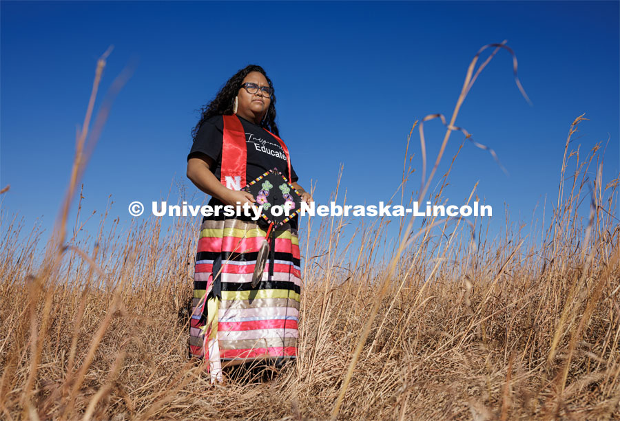 Nasia Olson-Whitefeather, a dual major in Criminology and Criminal Justice and Child, Youth and Family Studies, will graduate this December and is already working with juveniles full time for the state. November 21, 2022. Photo by Craig Chandler / University Communication.