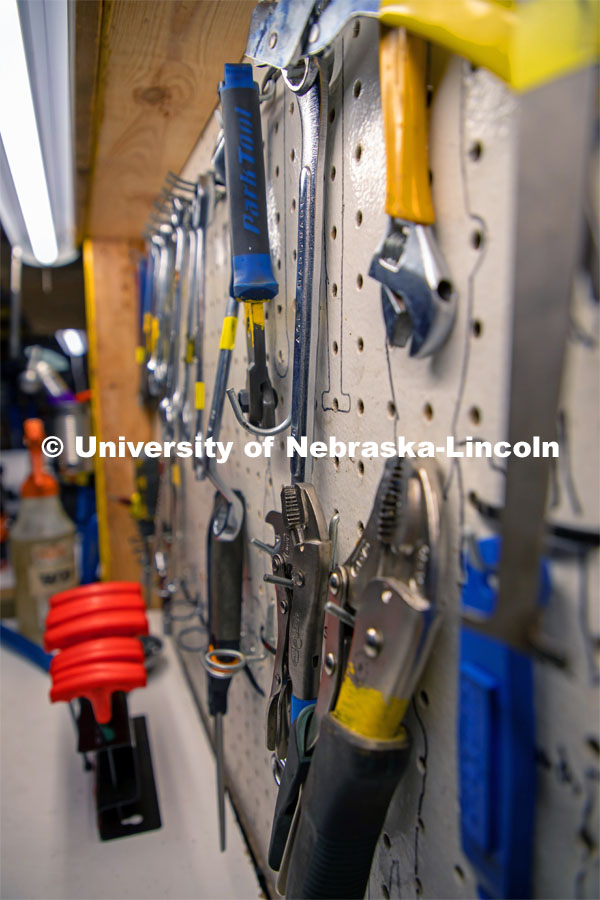 Tools on the wall at the Lincoln Bike Kitchen Repair. The Bike Kitchen is among a number of local organizations that the College of Engineering works with to offer service learning opportunities to its students. March 9, 2023. Photo by Dillon Galloway for University Communication.