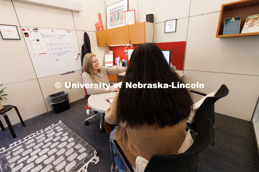 Academic Advisor Bethany Heaney works with a student. Explore Center photo shoot. March 22, 2023. Photo by Craig Chandler / University Communication. 