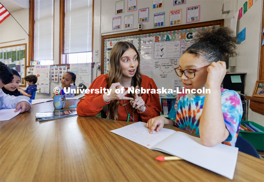 Morgan Twiss, a senior in elementary education from Central City, student teaches in Amy Pinegar’s 2nd grade Elliott Elementry classroom. March 24, 2023. Photo by Craig Chandler / University Communication.