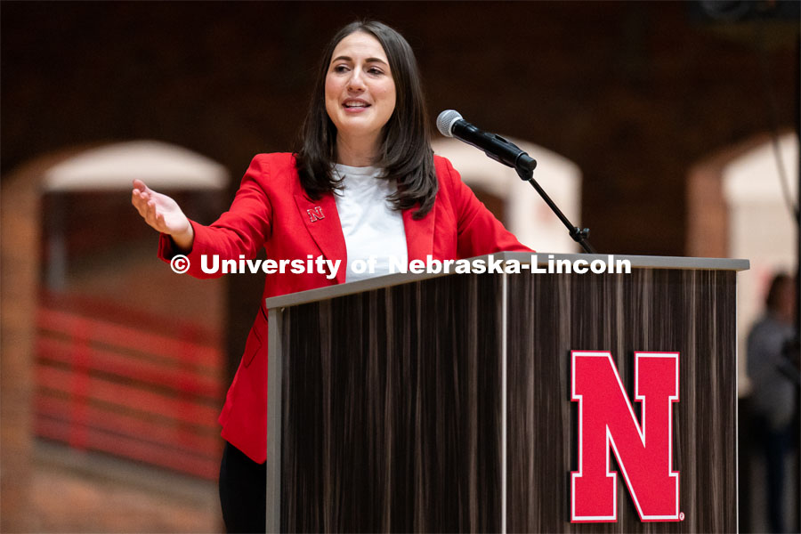 University of Nebraska interim director of admissions Kayla Tupper speaks to students during Admitted Student Day on inside the Coliseum. Admitted Student Day is UNL’s in-person, on-campus event for all admitted students. March 24, 2023. Photo by Jordan Opp for University Communication.
