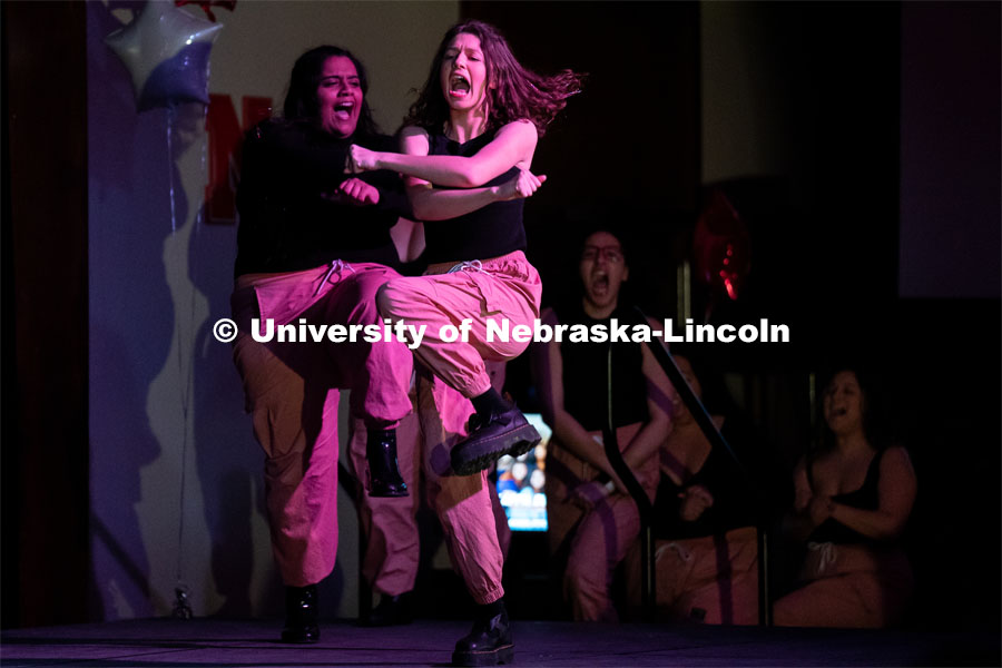 Members of Kappa Delta Chi take the stage to perform during the OASIS and FRATERNITY AND SORORITY LIFE Stroll Off inside the Nebraska Union Centennial Room. April 1, 2023. Photo by Jordan Opp for University Communication.