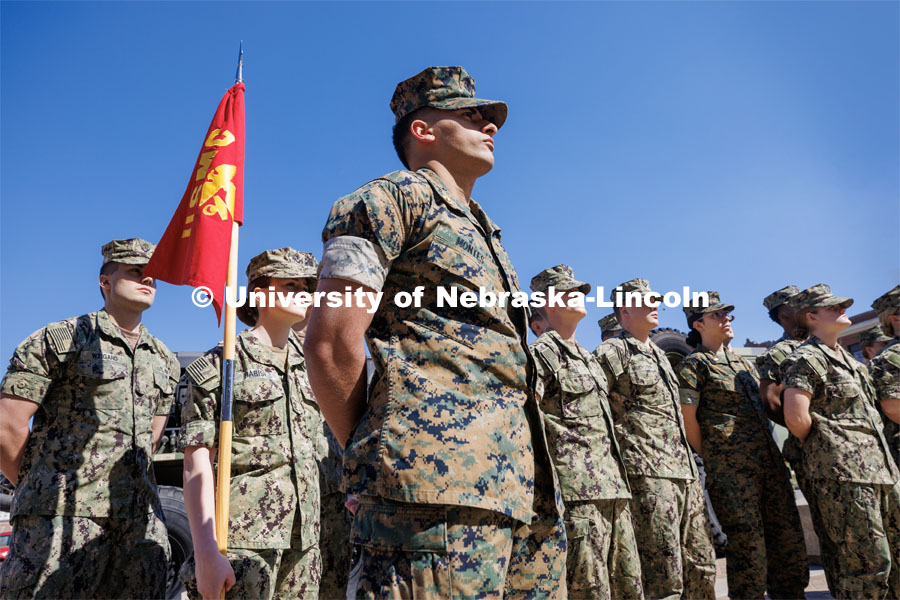 Navy and Marine ROTC Cadets at the promotion ceremony for First Sergeant Joshua Glotzbecker. Glotzbecker was responsible for leading all the ROTC Color Guard Ceremonies at Graduation, Football games, Basketball games and all other requests for Color Guard support. He will be departing UNL this summer for another assignment. April 6, 2023. Photo by Craig Chandler / University Communication.