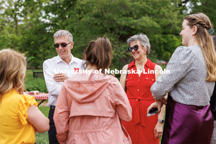 The Greens smile as they greet fellow Huskers during the open house. Ronnie and Jane Green had an open house Thursday at the Maxwell Arboretum on East Campus. May 11, 2023. Photo by Craig Chandler / University Communication.
