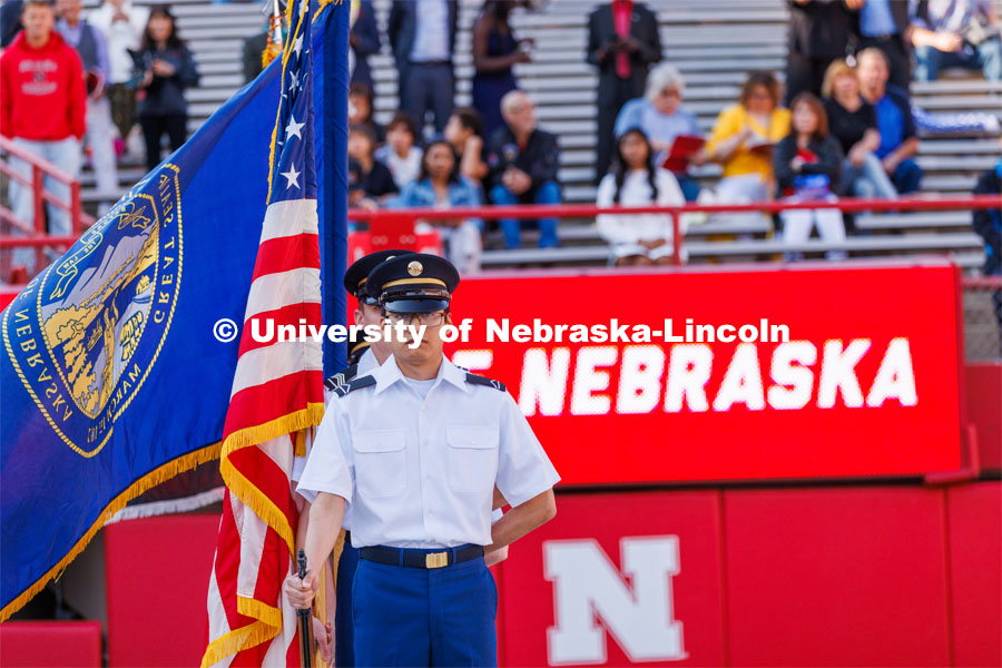 ROTC Color Guard stand at attention before the ceremony. Undergraduate commencement at Memorial Stadium. May 20, 2023. Photo by Craig Chandler / University Communication.