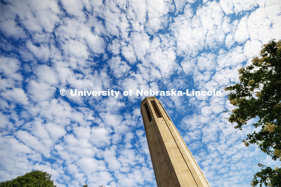 Mueller Tower against the morning sky. City Campus. June 2, 2023. Photo by Craig Chandler / University Communication.