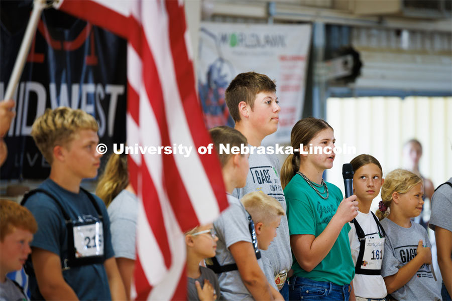 4H members recite the pledge of allegiance to begin the day’s show. 4H/FFA Beef Show at the Gage County Fair and Expo in Beatrice. July 28, 2023. Photo by Craig Chandler / University Communication.