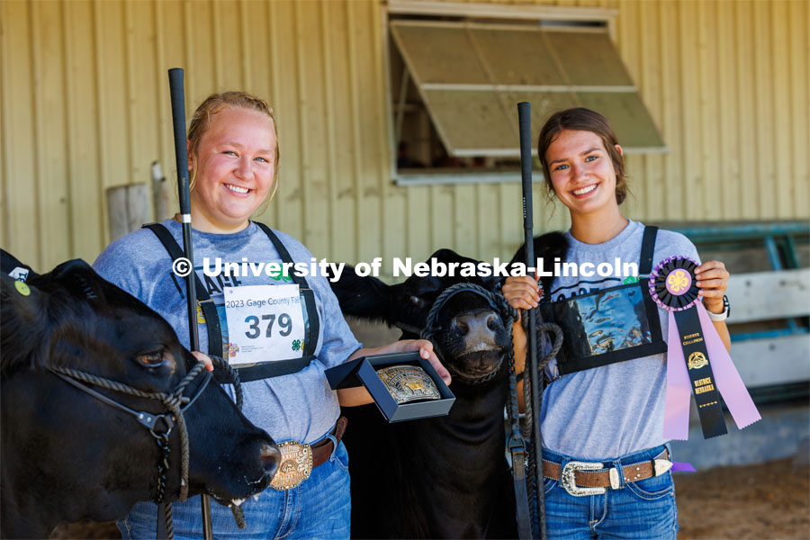Natalie Trauernicht of Wymore won the grand champion senior division beef showmanship competition and Jordyn Vanshoiack of Beatrice was reserve champion. 4H/FFA Beef Show at the Gage County Fair and Expo in Beatrice. July 28, 2023. Photo by Craig Chandler / University Communication.