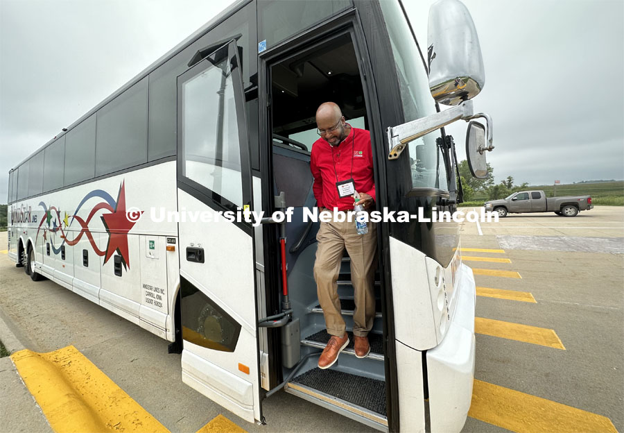 Chancellor Rodney Bennett gets off the bus at the second stop of the IANR Roads Scholar Tour through Nebraska. August 1, 2023. Photo by Craig Chandler / University Communication.