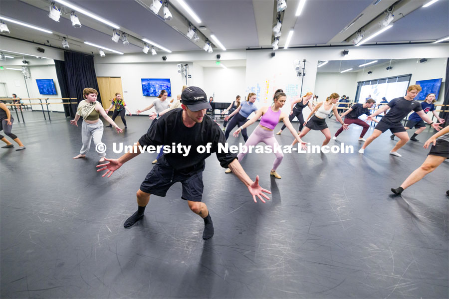 Devin Tyler Hatch, dance captain and swing, for the "Hamilton" touring company, teaches steps from the song "My Shot" during a master class at the Johnny Carson Center for Emerging Media Arts. August 11, 2023.  Photo by Craig Chandler/ University Communication.