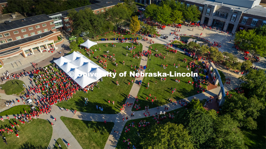 Aerial view of the Chancellor’s BBQ in the green space between the Nebraska Union and Kauffmann Academic Residence Center. August 18, 2023. Photo by Matthew Strasburger / University Communication.