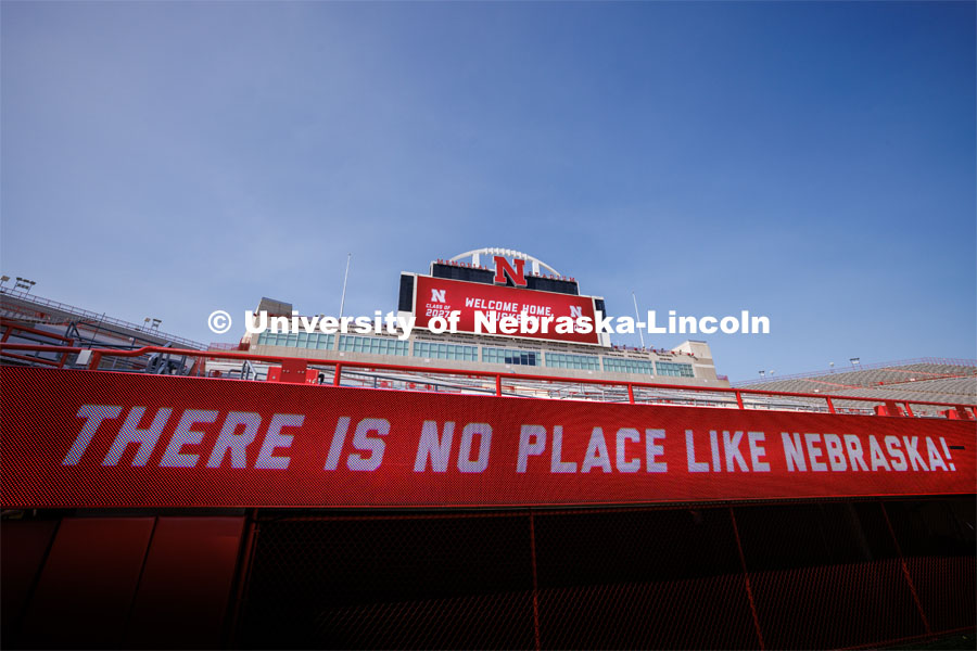 A sign in Memorial Stadium says "THERE IS NO PLACE LIKE NEBRASKA" at the Tunnel Walk in Memorial Stadium. August 18, 2023. Photo by Craig Chandler / University Communication.