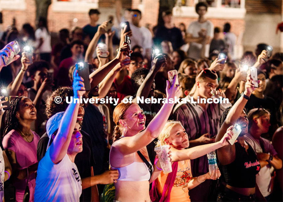 Students having fun at the outdoor concert at the Party at the Union on City Campus. Big Red Welcome week. August 19, 2023. Photo by Kylie Gavin / Office of Student Affairs.