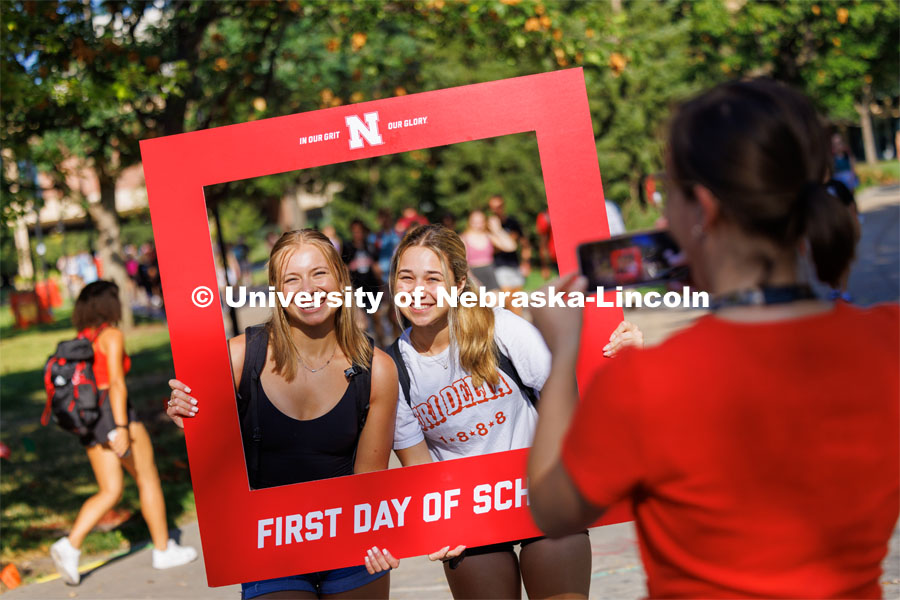 Sophomores Abby Kuphal from Woodbury Minnesota and Morgan Heckman of Savannah, Missouri, have their photos taken on the first day of classes for fall semester. August 21, 2023. Photo by Craig Chandler / University Communication.