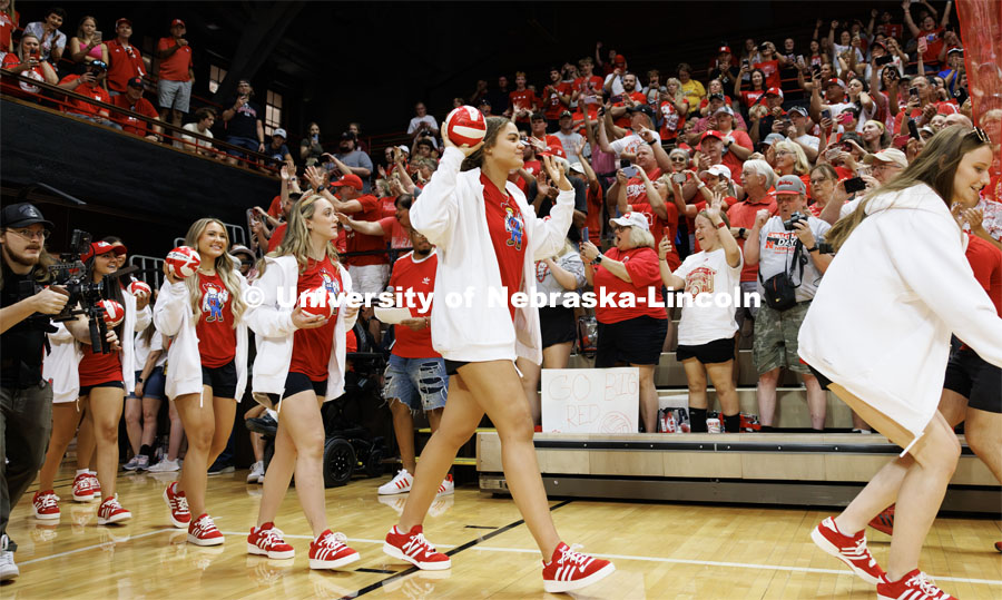 The volleyball team enters the Rally at the Coliseum. Volleyball Day in Nebraska. Husker Nation stole the show on Volleyball Day in Nebraska. The announced crowd of 92,003 surpassed the previous world record crowd for a women’s sporting event of 91,648 fans at a 2022 soccer match between Barcelona and Wolfsburg. Nebraska also drew the largest crowd in the 100-year history of Memorial Stadium for Wednesday’s match. August 30, 2023. Photo by Craig Chandler / University Communication.