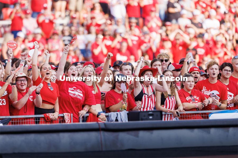 Husker fans cheer as the team takes the court for warm ups. Volleyball Day in Nebraska. Husker Nation stole the show on Volleyball Day in Nebraska. The announced crowd of 92,003 surpassed the previous world record crowd for a women’s sporting event of 91,648 fans at a 2022 soccer match between Barcelona and Wolfsburg. Nebraska also drew the largest crowd in the 100-year history of Memorial Stadium for Wednesday’s match. August 30, 2023. Photo by Craig Chandler / University Communication.