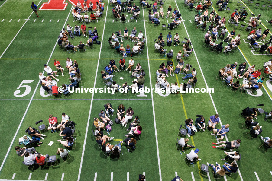 Students sit in discussion circles during Husker Dialogues in the Coliseum and Cook Pavilion. September 6, 2023. Photo by Craig Chandler / University Communication.