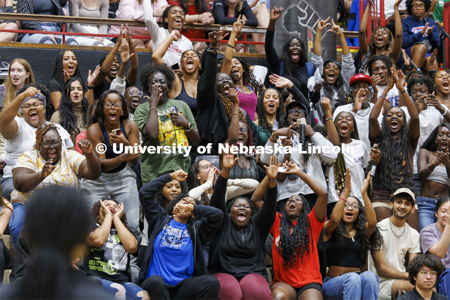 Students cheer for Homecoming Royalty Nyarial Nyoak as she was introduced to the crowd. Showtime at the Coliseum. Recognized Student Organizations, Greeks and Residence Halls battle against each other with performances for Homecoming competition points and ultimate bragging rights. Homecoming 2023. October 23, 2023. Photo by Craig Chandler / University Communication.