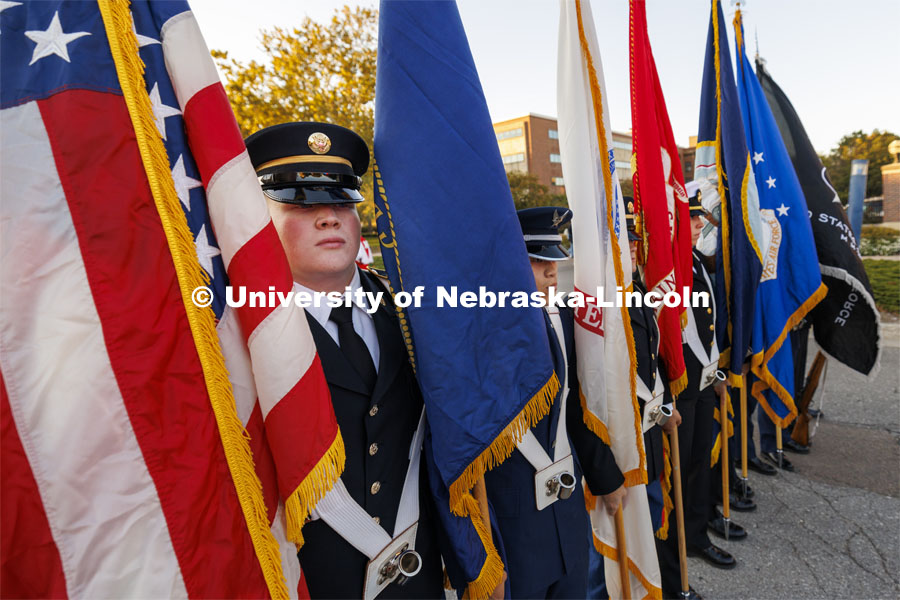 ROTC Color Guard line up for the parade. Homecoming parade and Cornstock. October 27, 2023. Photo by Craig Chandler / University Communication.