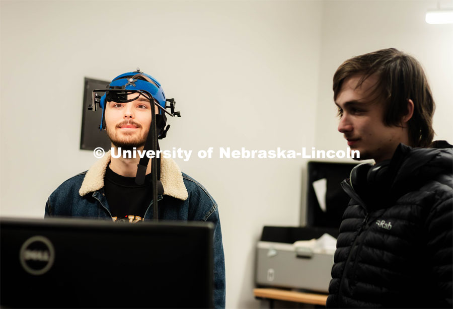 Creativity never sleeps at the Johnny Carson Emerging Media Arts Center: here you’ll find many students like Karston Chase and Michael Pritza setting up and configuring a Facial Motion Capture System for their final projects. November 27, 2023. Photo by Kylie Galvin / Office of Student Affairs.