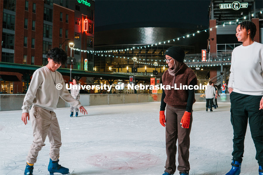 Students skating at the Railyard Rink. Ice skating in the Haymarket. For About Lincoln website. For About Lincoln website. December 12, 2023. Photo by Matthew Strasburger / University Communication.