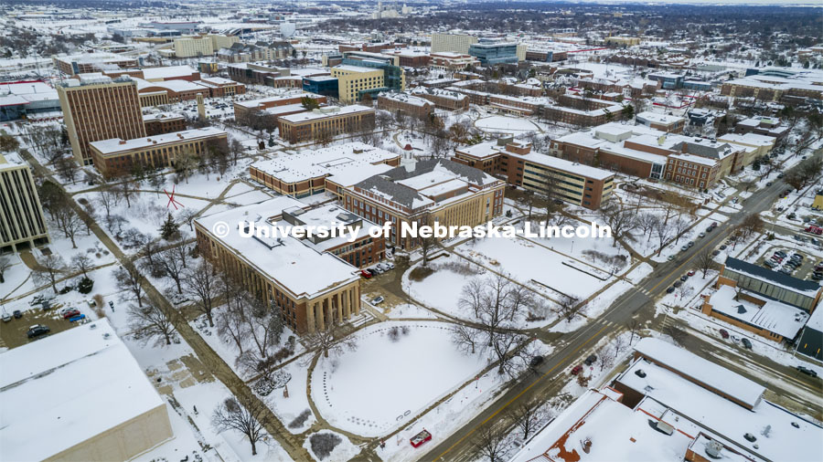 Aerial view of City Campus after receiving snow. January 17, 2024. Photo by Craig Chandler / University Communication and Marketing.