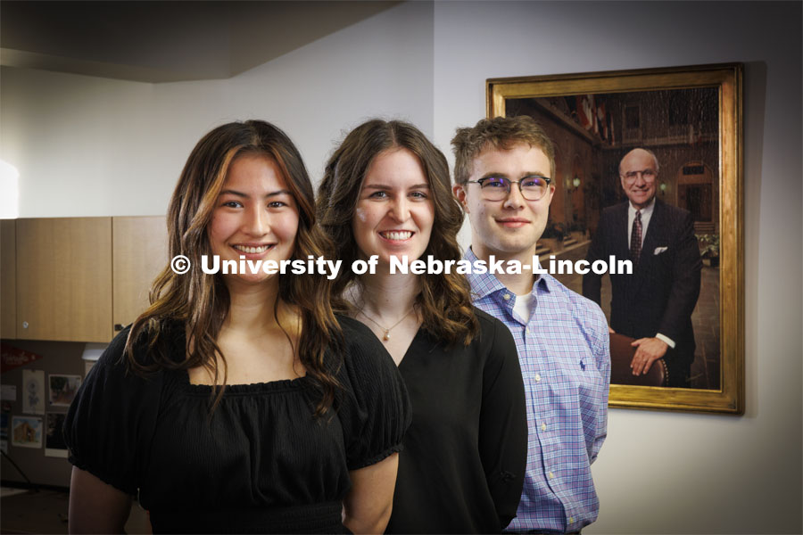 Kyoko Wall, Victoria Diersen and Zane Mrozla-Mindrup are three students who are pursuing the Yeutter Institute’s new international trade minor. January 30, 2024. Photo by Craig Chandler / University Communication and Marketing.