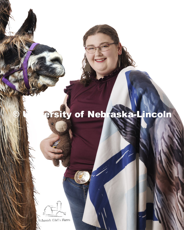 Emma Schmidt, Engler Agribusiness Entrepreneur with her llama, Picasso. April 19, 2024. Photo by Craig Chandler / University Communication and Marketing.