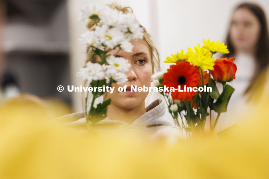Emily Boyle, a senior Speech-Language Pathologist student designs her bouquet in PLAS 261 - Floral Design I in the Plant Science Building. February 21, 2024. Photo by Craig Chandler / University Communication and Marketing