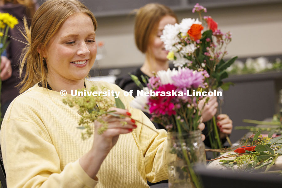 Sadie Jarecke, a junior Ag Leadership student designs her bouquet in PLAS 261 - Floral Design I in the Plant Science Building. February 21, 2024. Photo by Craig Chandler / University Communication and Marketing