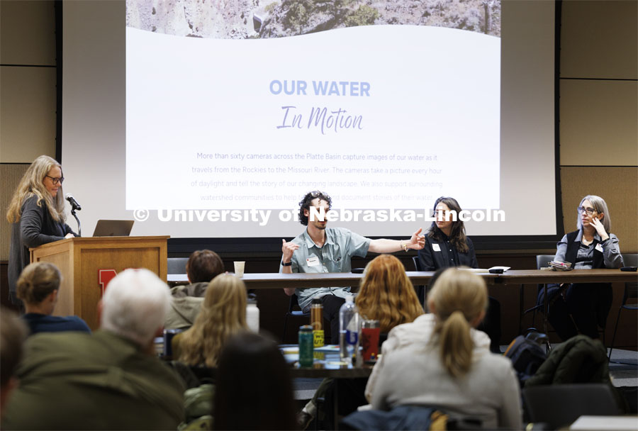 Katie Anania, Assistant Professor in the School of Art, Art History and Design, talks during the afternoon panel discussion. Climate Resilient Communities Symposium. Nebraska East Union. February 27, 2024. Photo by Craig Chandler / University Communication and Marketing.