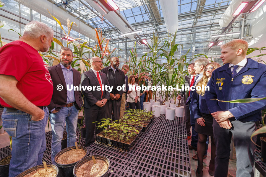 Governor Jim Pillen, at right, and others tour Nebraska Innovation Greenhouse following the Ag Week Proclamation at Nebraska Innovation Greenhouse Tuesday morning. March 20, 2024. Photo by Craig Chandler / University Communication and Marketing.