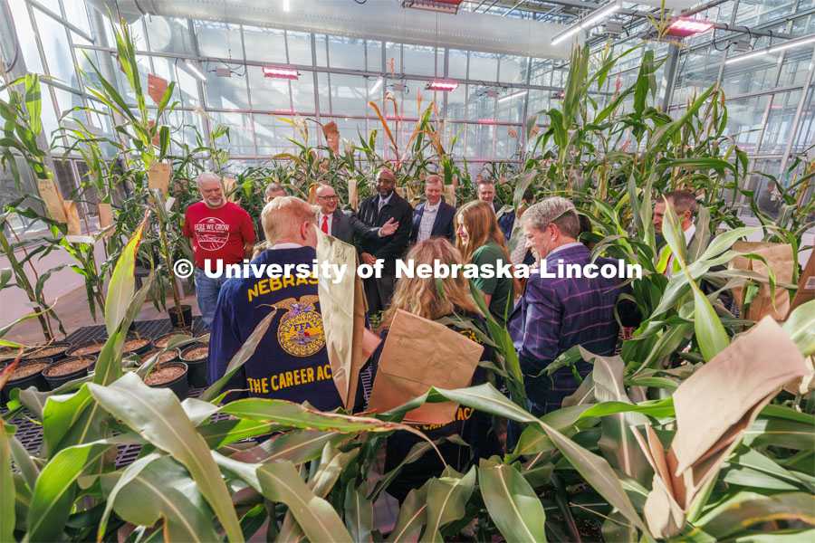 Governor Jim Pillen, at lower right, and others tour Nebraska Innovation Greenhouse following the Ag Week Proclamation at Nebraska Innovation Greenhouse Tuesday morning. March 20, 2024. Photo by Craig Chandler / University Communication and Marketing.