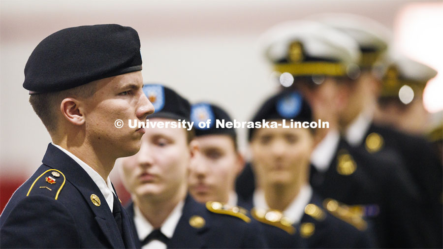 Cadet Seth Engelman waits to receive his American Legion Post 3 General Military Excellence Award. Joint Service Chancellor’s Review of the ROTC Cadets in Cook Pavilion. April 18, 2024. Photo by Craig Chandler / University Communication and Marketing.