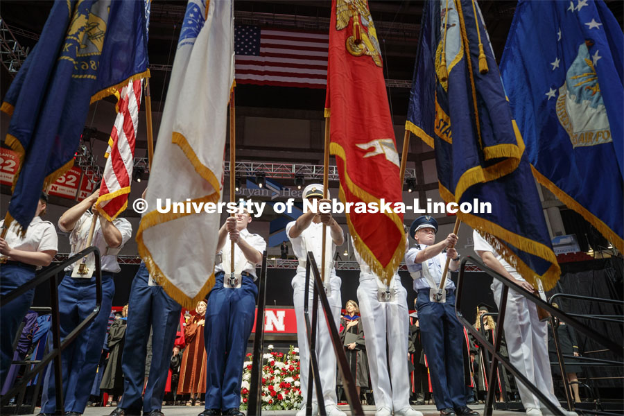 190504_Commencement_0286.jpg The color guard of the combined ROTC units. Undergraduate commencement at Pinnacle Bank Arena, May 4
